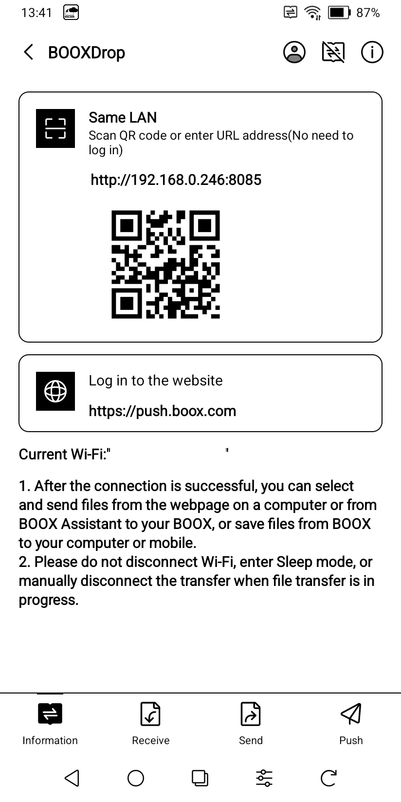 First, open Boox Drop to get the access URL. You can log in to push.boox.com instead if you're not on the same Wi-Fi network as your target Boox device.