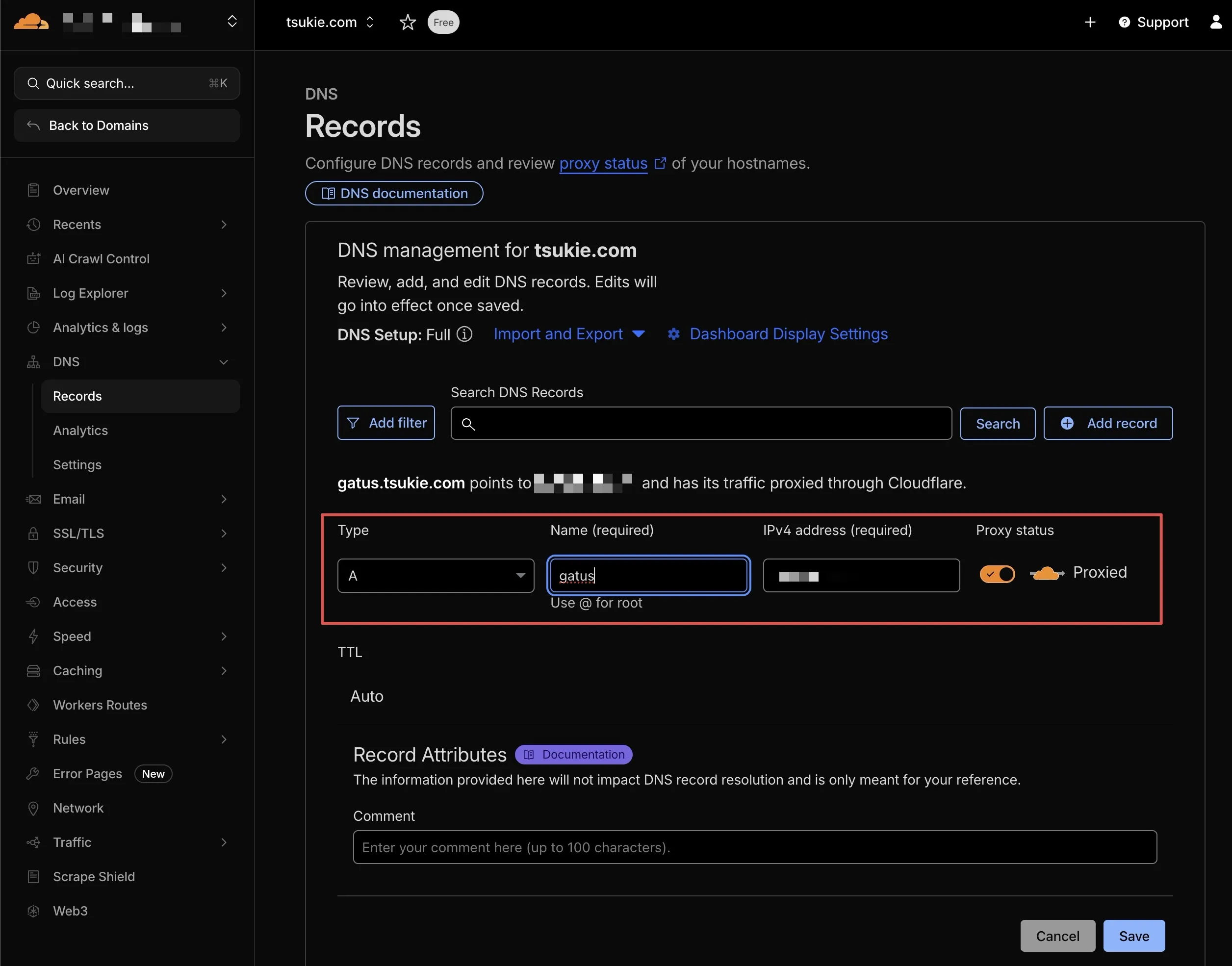 A reference on how to fill in your DNS record in your registrar website. I will make my Gatus instance accessible at gatus.tsukie.com.